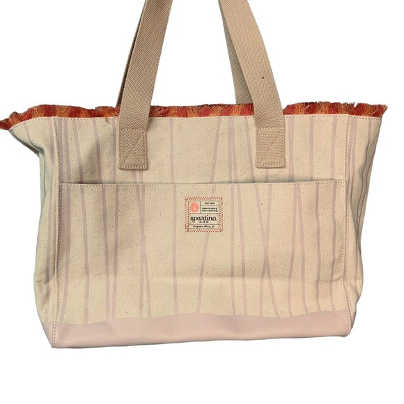 NWT Spartina 449 Beach Tote Tropic Flamingo Canvas Bag Embroidered Fringe 676410 - Picture 3 of 6